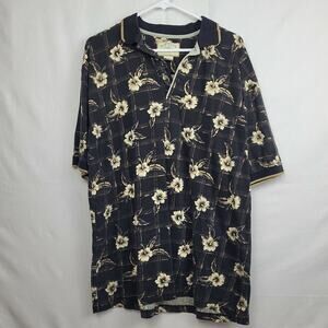 Hibiscus Mens Black Beige Cotton Floral Hawiian Vacation Cruise Polo Shirt Sz L